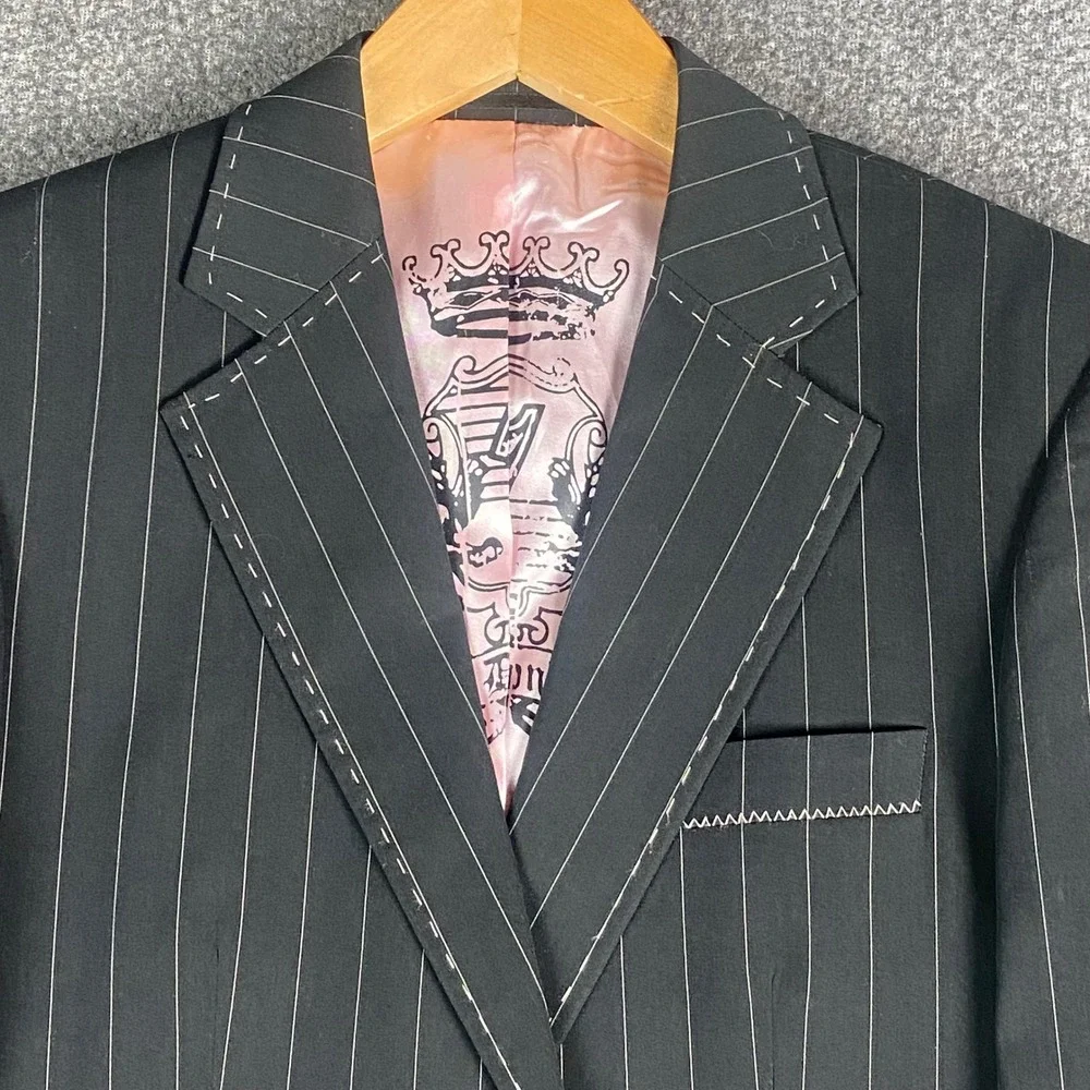 7 Diamonds Mens Blazer S Black Pinstripe‎ Clapton Pink Lining Contrast Stitch